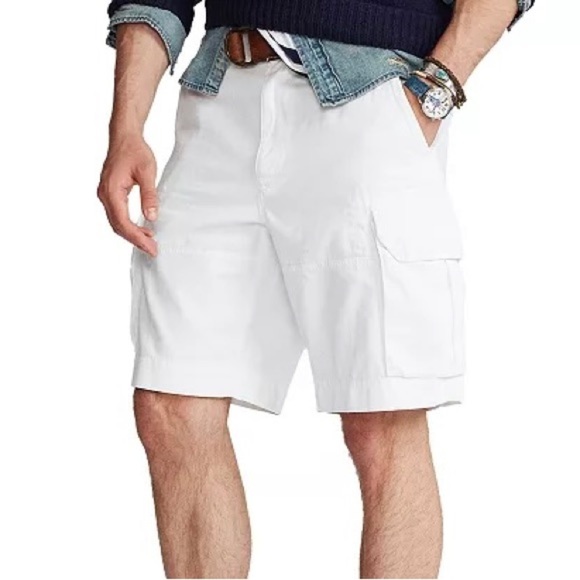 New 48B Polo Ralph Lauren White Cargo Shorts Blue Poloman 10’inseem Relaxed Fit - Picture 1 of 7